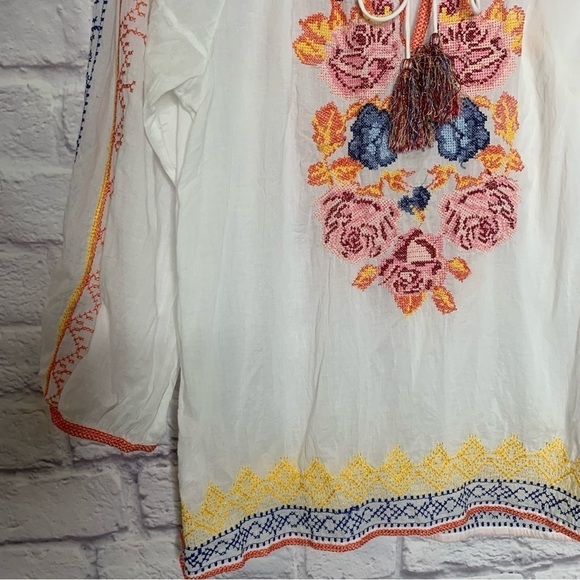 Tolani Floral Embroidered Tassel Tie Peasant Top - Picture 7 of 10